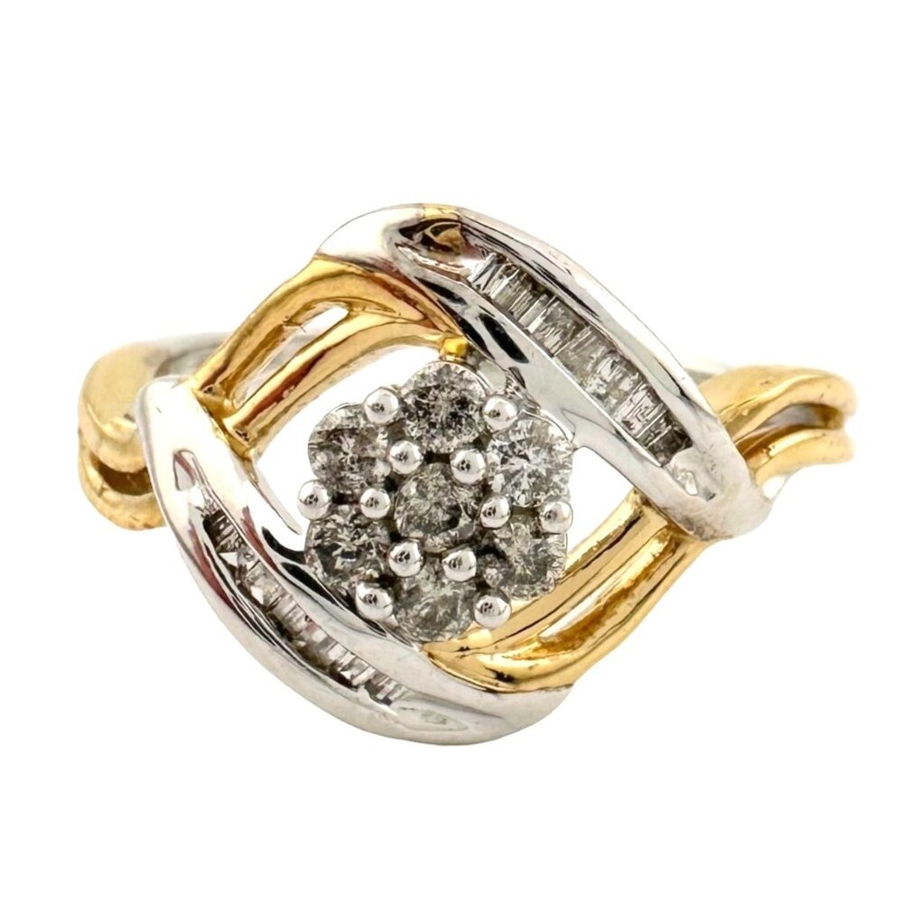 Beautiful 1/4 ct Diamond Ring Baguette & Flower Cluster w Two-Tone Sterling sz 7